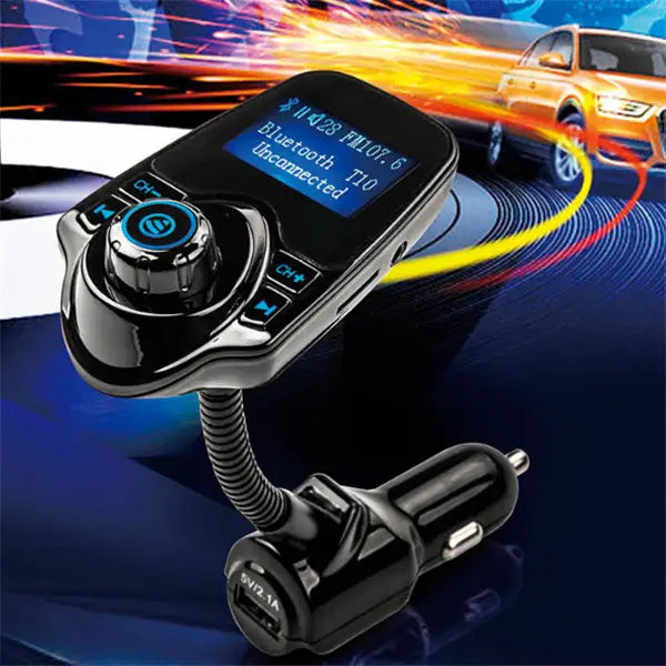 black bluetooth player car adapter made of plastic with flexible hose and digital display showing bluetooth status for hands free phone use in vehicles