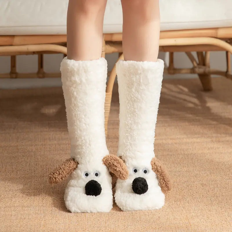 white fluffy dog-shaped knee-high cute cartoon dog floor socks with brown floppy ears and black nose for comfortable indoor wear