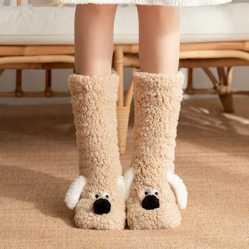 Beige plush cute cartoon dog floor socks featuring knee-high length with white floppy ears and black nose.