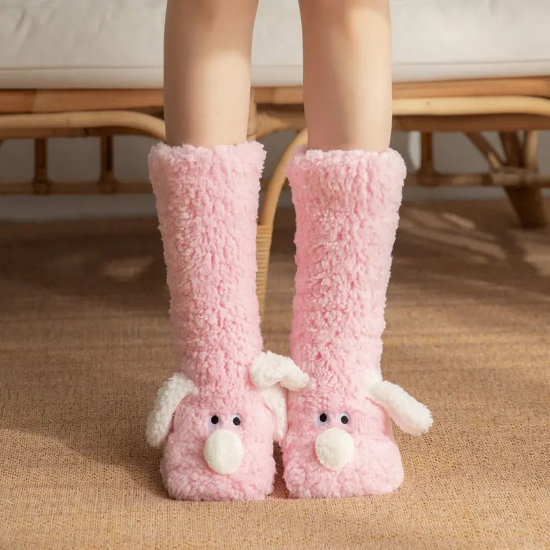 pink fluffy bunny-themed knee-high cute cartoon dog floor socks featuring white ears and nose for comfortable indoor wear