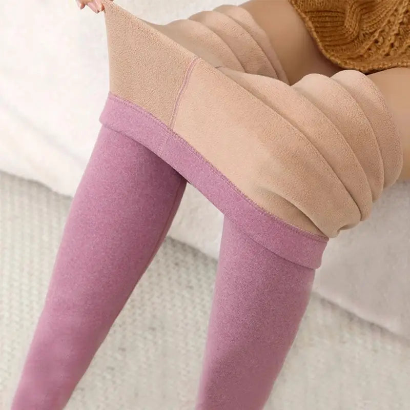 women’s warm cashmere fleece lined thermal leggings in pink and beige featuring a plush fleece interior for warm cashmere winter comfort