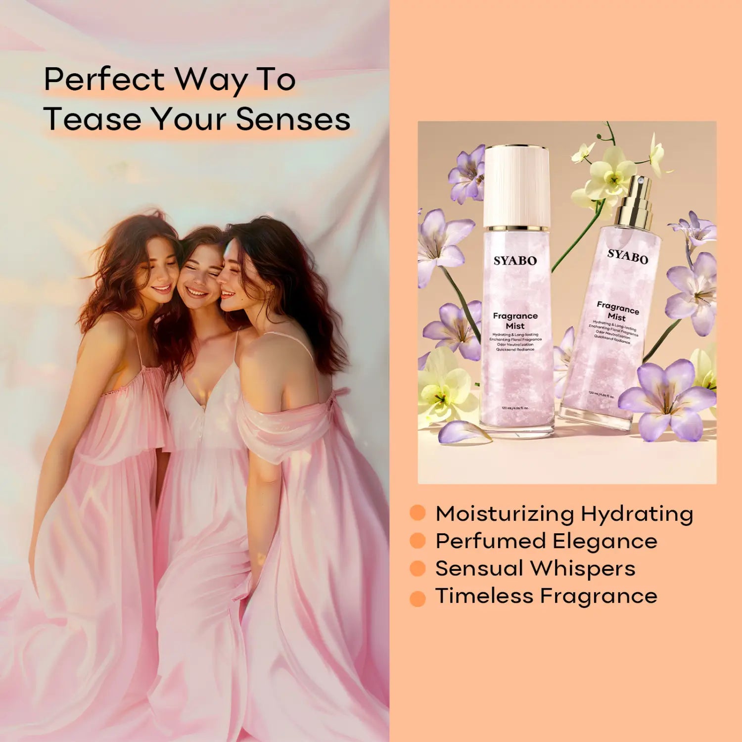 Two transparent glass bottles of dream quicksand body spray Syabo fragrance mist filled with light pink mist, one with a white cap and the other with a silver spray nozzle.