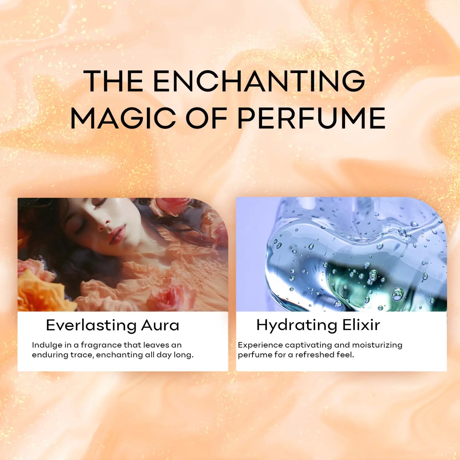 an enchanting advertisement for the dream quicksand body spray syabo fragrance mist showcasing two fragrance options everlasting aura and hydrating elixir.