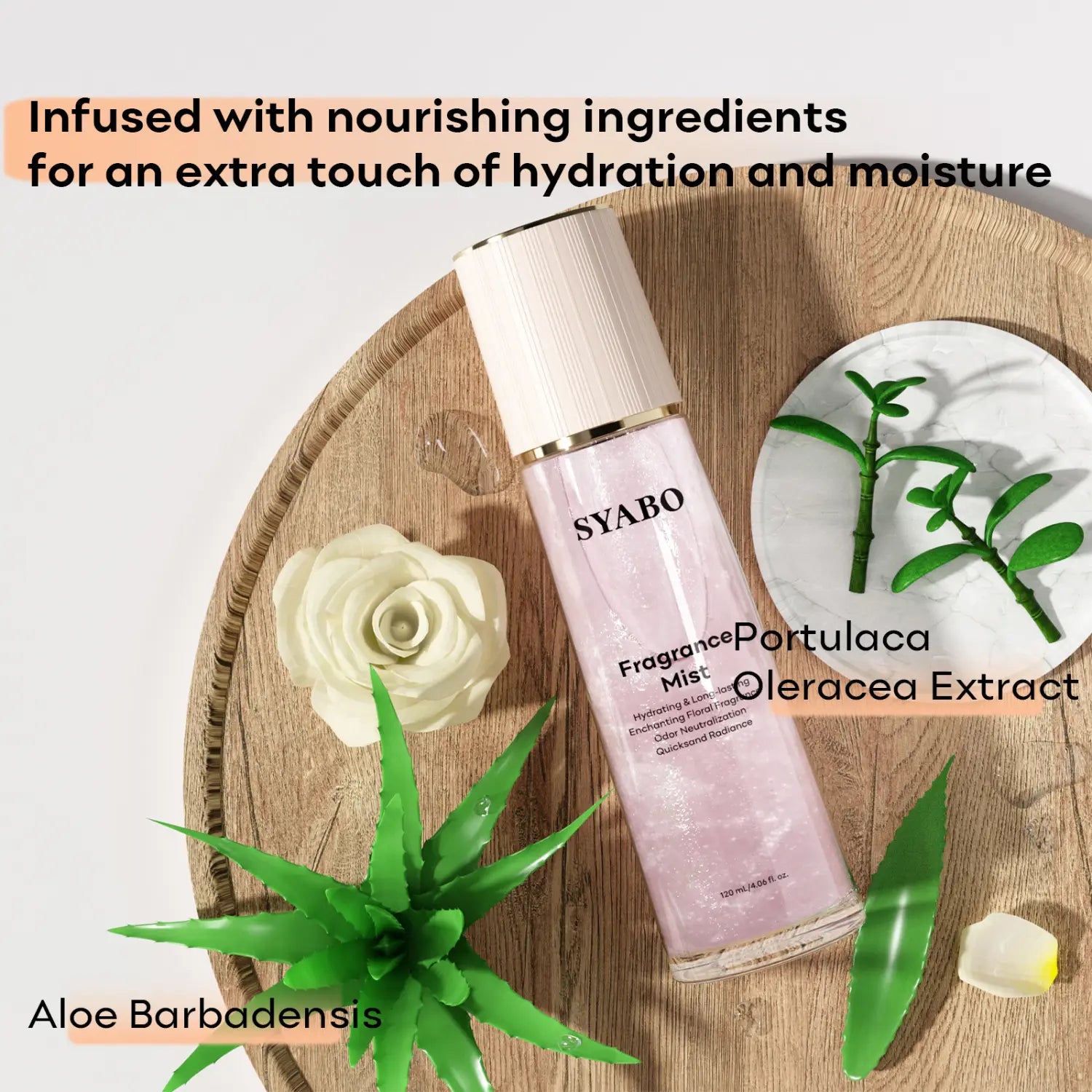 A translucent pink dream quicksand body spray syabo fragrance mist bottle with a white textured cap and gold trim featuring botanical illustrations on its label.