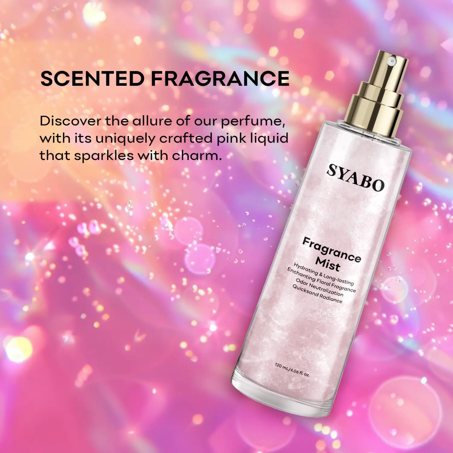 A clear glass bottle with a gold spray nozzle containing pink sparkling liquid labeled syabo fragrance mist for dream quicksand body spray use.