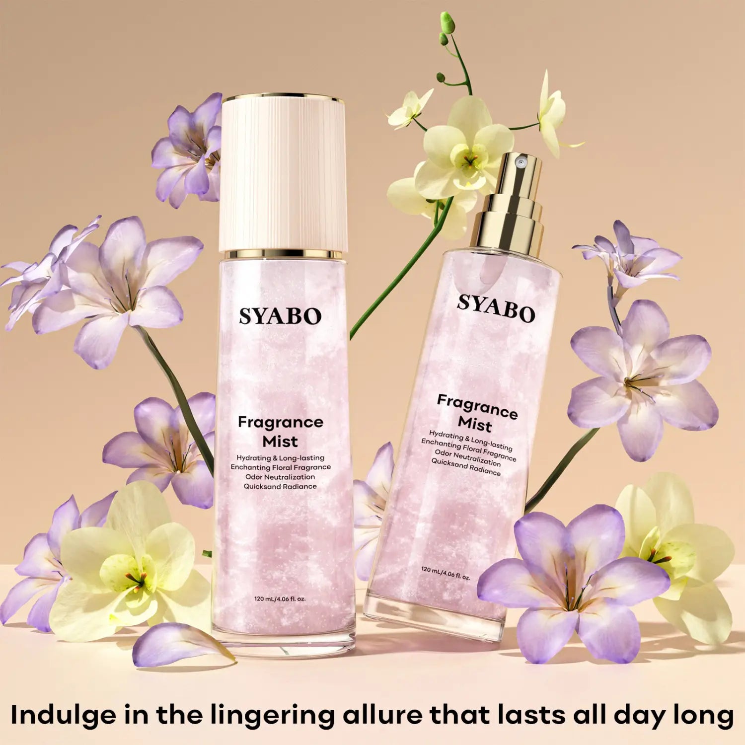 Two syabo fragrance mists in clear glass bottles with gold caps and frosted white labels filled with sparkling pink liquid for dream quicksand body spray use.