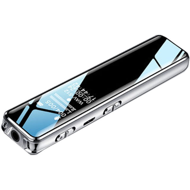 Silver-framed professional recording pen with a glossy black screen displaying blue interface elements and white text featuring noise reduction technology.