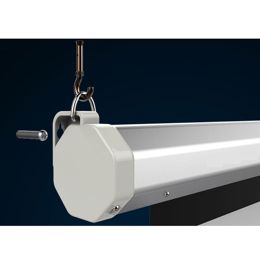 White octagonal mounting bracket with metallic hook and screw attached to the back side of a matte white motorized projection screen with remote control and sleek silver led light fixture for enhanced viewing area.