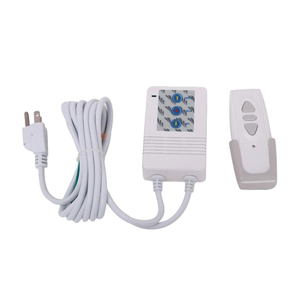 matte white motorized projection screen with remote control system featuring a white plastic ceiling fan remote main controller and separate handheld transmitter for easy adjustment of the viewing area.