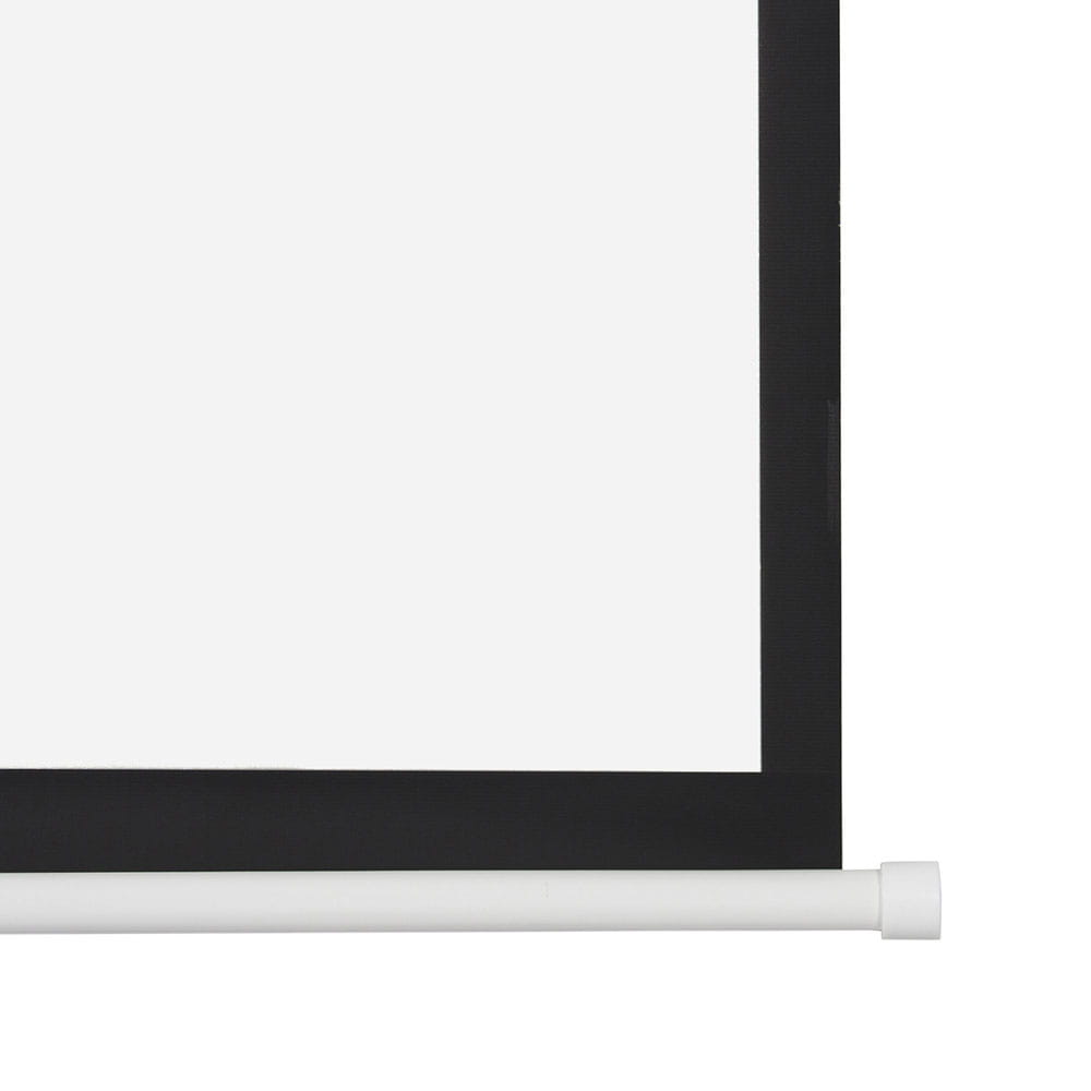 Matte white motorized projection screen with black frame, white viewing area, and matching white roller mechanism operated by remote control.