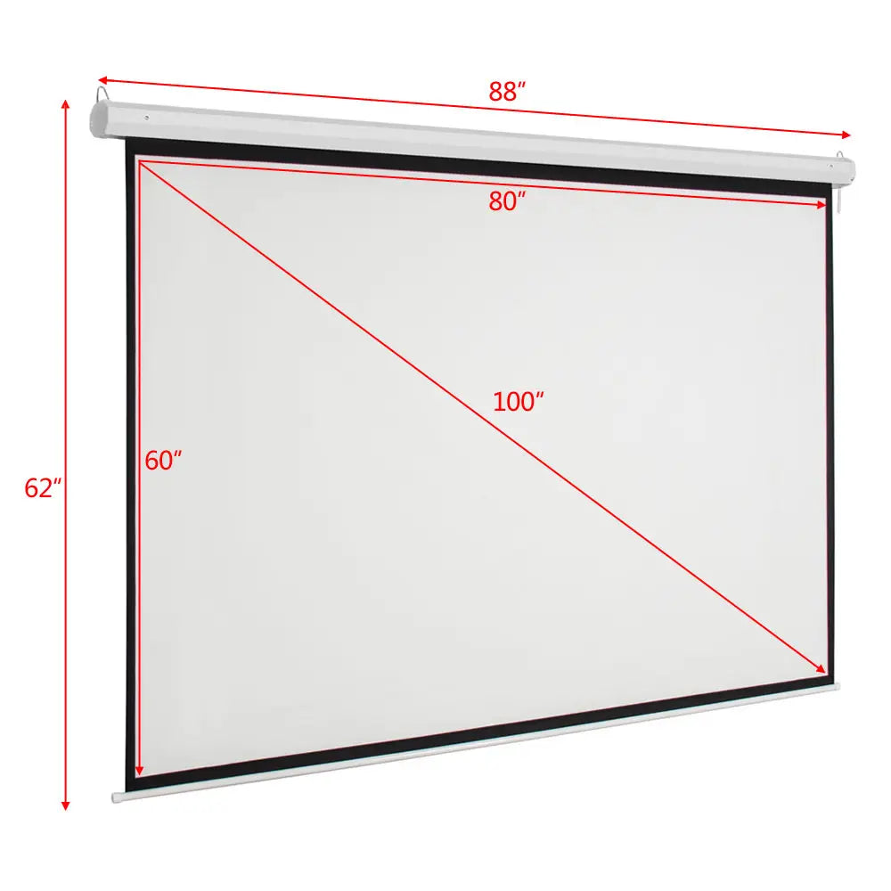 Matte white motorized projection screen with remote control featuring an 80 inch wide by 62 inch tall viewing area with a black border and silver frame.