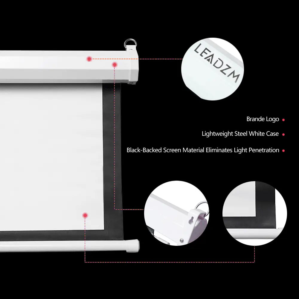 Leadzm matte white motorized projection screen features a black-backed screen material within a lightweight steel white case and offers remote control for an enhanced viewing area.
