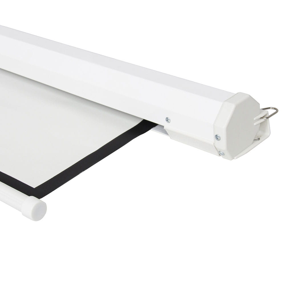 Matte white motorized projection screen with remote control featuring a white retractable awning with black trim and sleek modern design for enhanced viewing area.