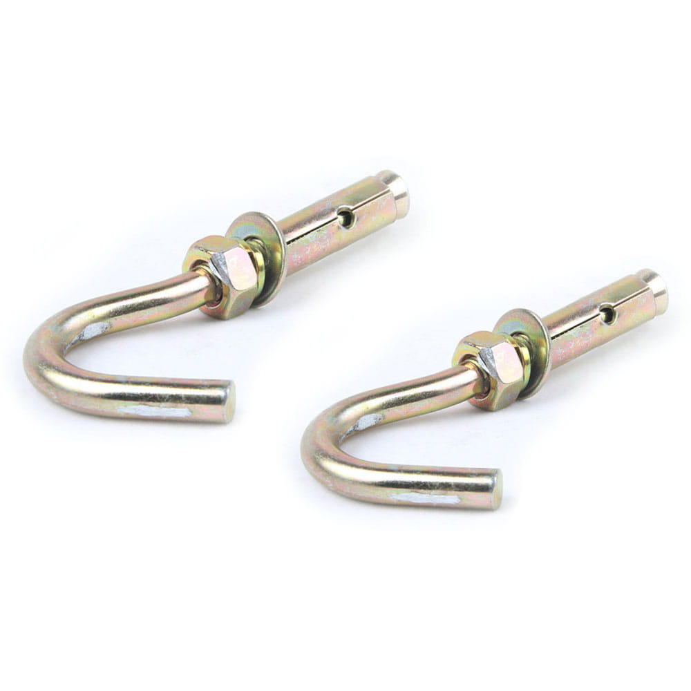 two metallic wall anchors with a golden finish and curved hooks shown on the back side of a matte white motorized projection screen with remote control for an enhanced viewing area.