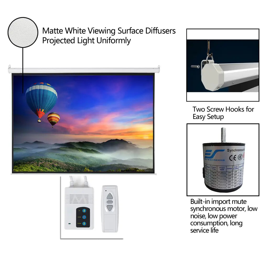 Matte white motorized projection screen with remote control features a matte white viewing area displaying a vibrant hot air balloon scene over mountains.