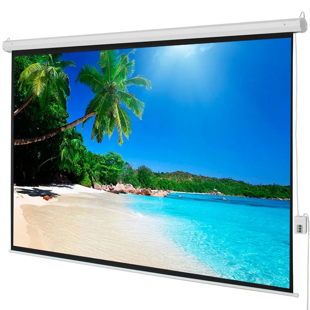 Matte white motorized projection screen with remote control and white frame displaying a vibrant tropical beach scene with turquoise water and green palm trees on the viewing area.