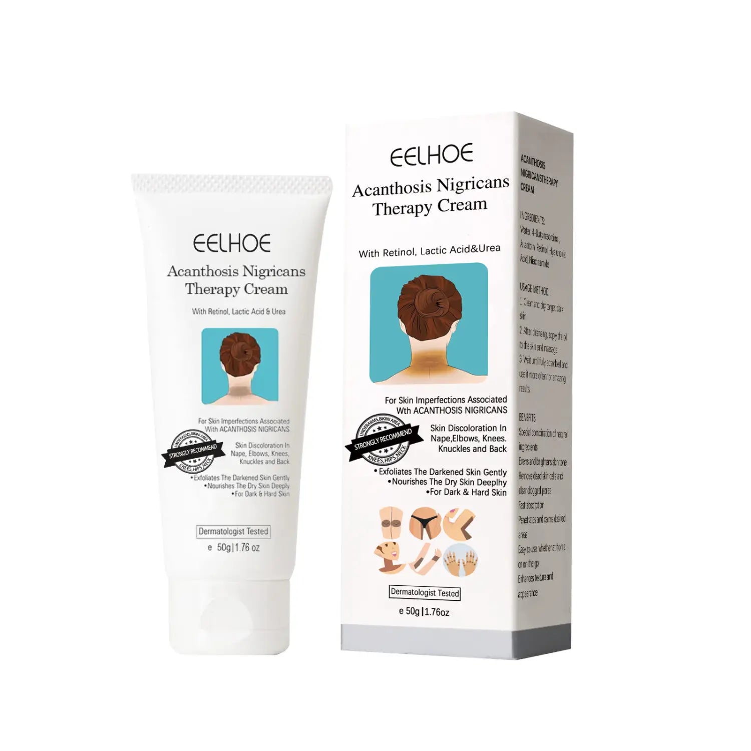 Eelhoe black echinacea repair cream in a white tube with blue accents and matching box designed for treating darkened skin and body whitening.