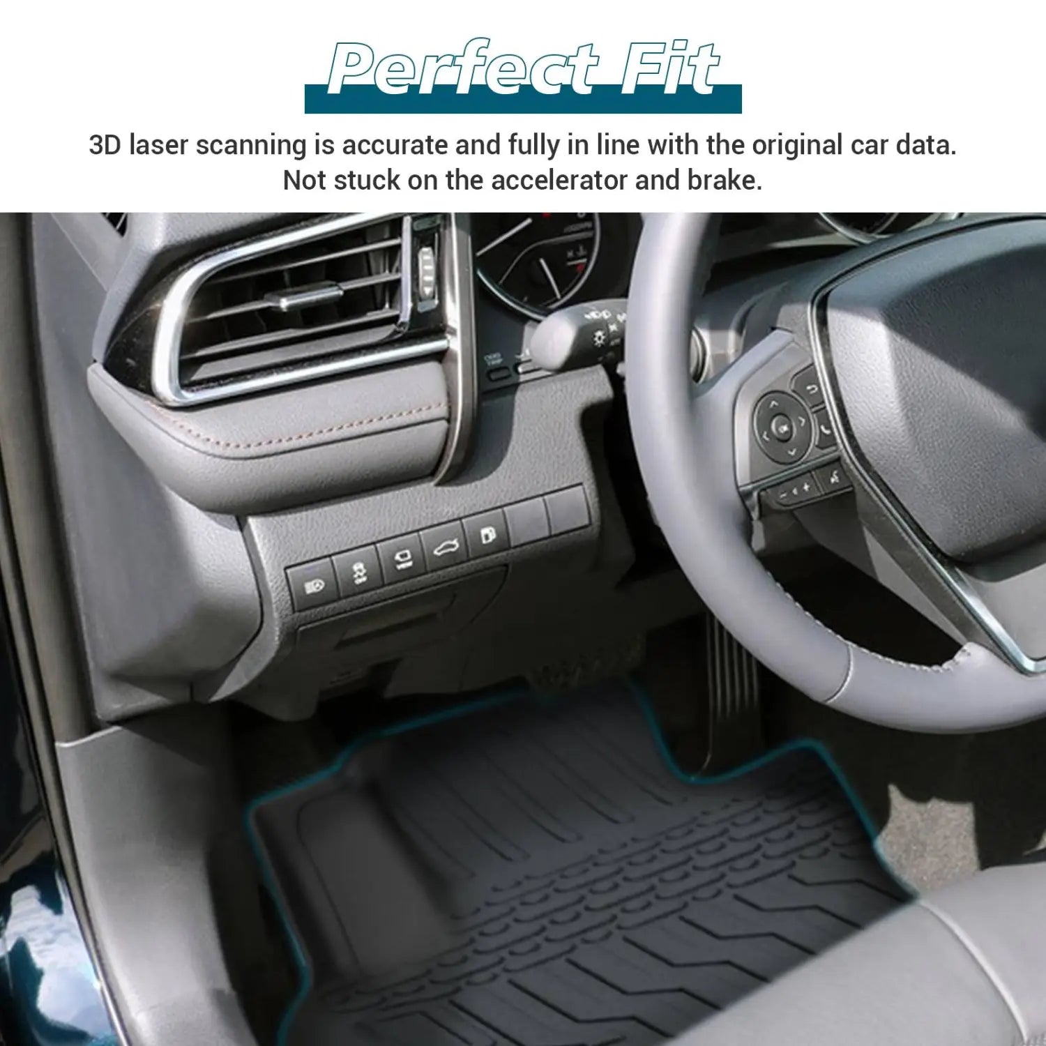 Black tpe rubber floor mat for 2018 2023 Camry non hybrid with teal trim and textured grip pattern.