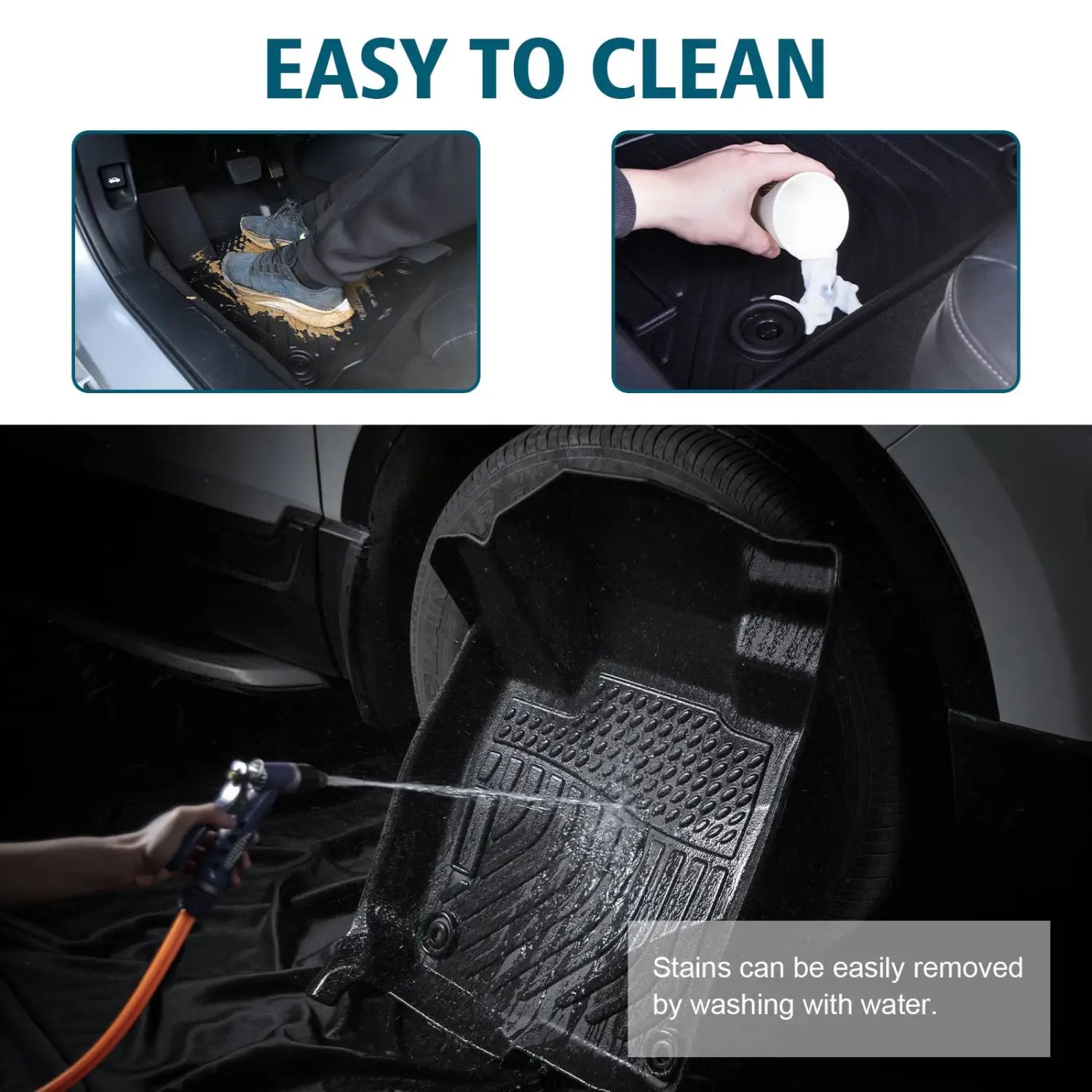 Black tpe rubber floor mat with textured grip pattern and molded contours for a snug fit designed for 2018 2023 Camry non hybrid models including Camry hybrid.