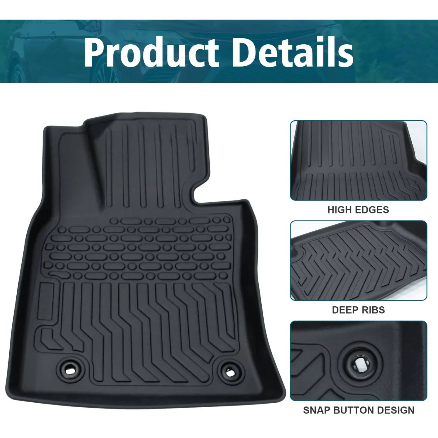 Black tpe rubber floor mats for 2018 2023 Camry non hybrid featuring high edges deep ribs and snap button design.