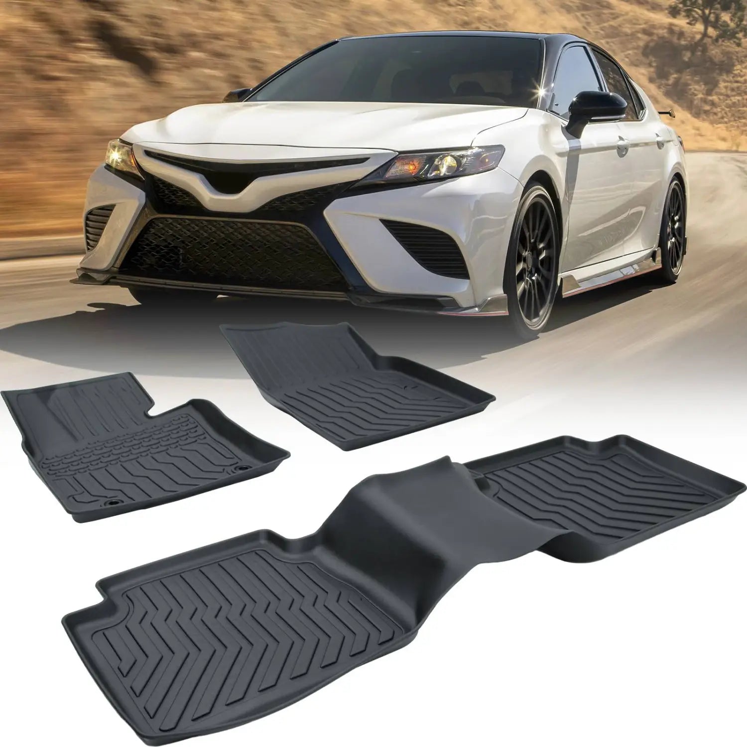 black tpe rubber floor mats with textured ribbed surfaces and molded contours for precise fit designed for 2018 2023 camry non hybrid and camry hybrid models