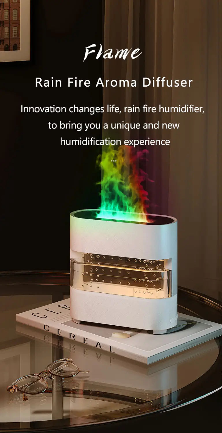 rain cloud humidifier aroma diffuser with white flame rain effect, rainbow-colored flame, and transparent water tank for humidifier water drip use.