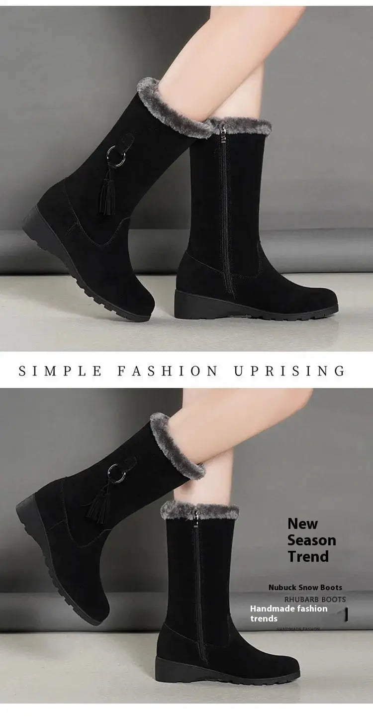 gray suede tassel martin boots autumn and winter featuring black nubuck material with fuzzy gray trim and long furry mouth detail