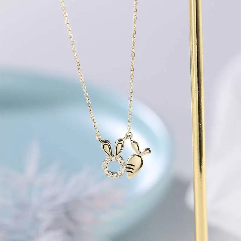 Delicate 18k gold plated rabbit pendant necklace with charming bunny and carrot pendant and sparkling clear stones