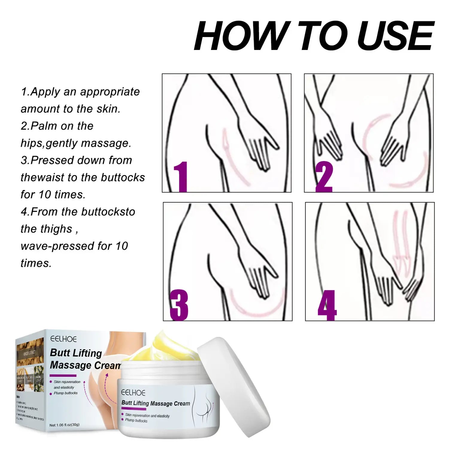 white cylindrical jar of eelhoe buttock lifting massage cream with a matching lid containing pale yellow lifting massage cream for buttock lifting care