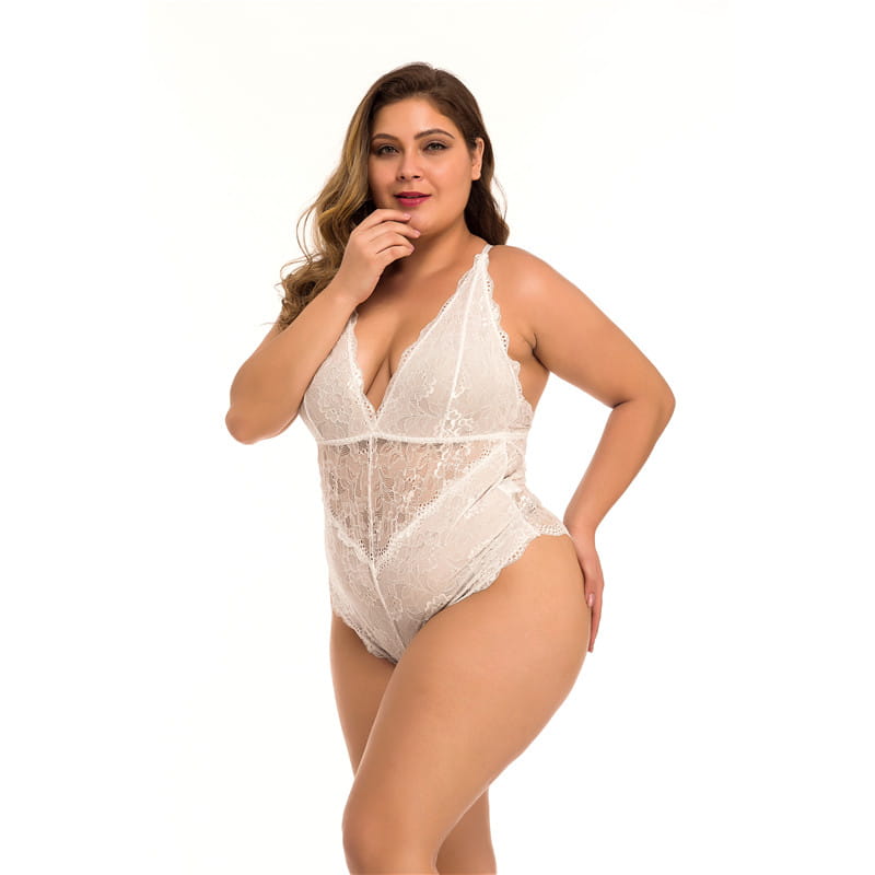 white lace plus size lace meshsexy lingerie bodysuit featuring a deep v-neckline and sheer mesh panels