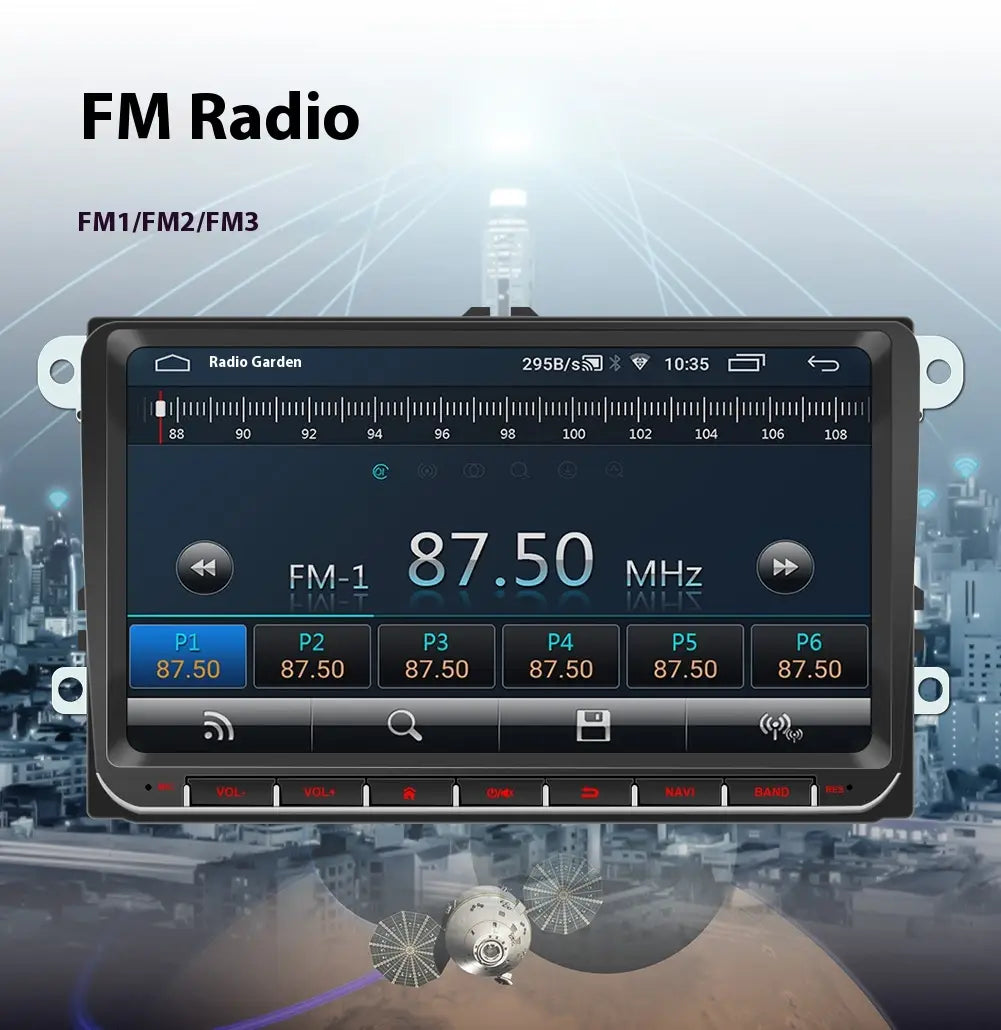 black-framed 9 inch android car bluetooth gps navigation integrated with touchscreen displaying fm radio station 87.50 mhz and red-lit control buttons featuring bluetooth gps navigation and gps navigation integrated functions