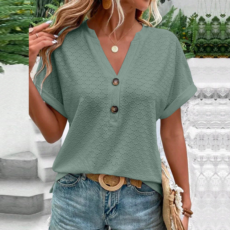 Women's Casual V-Neck Button Front Short Sleeve Loose Fit Blouse