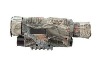 Camouflage digital night vision telescope featuring a textured grip and black lens caps for enhanced night vision performance.