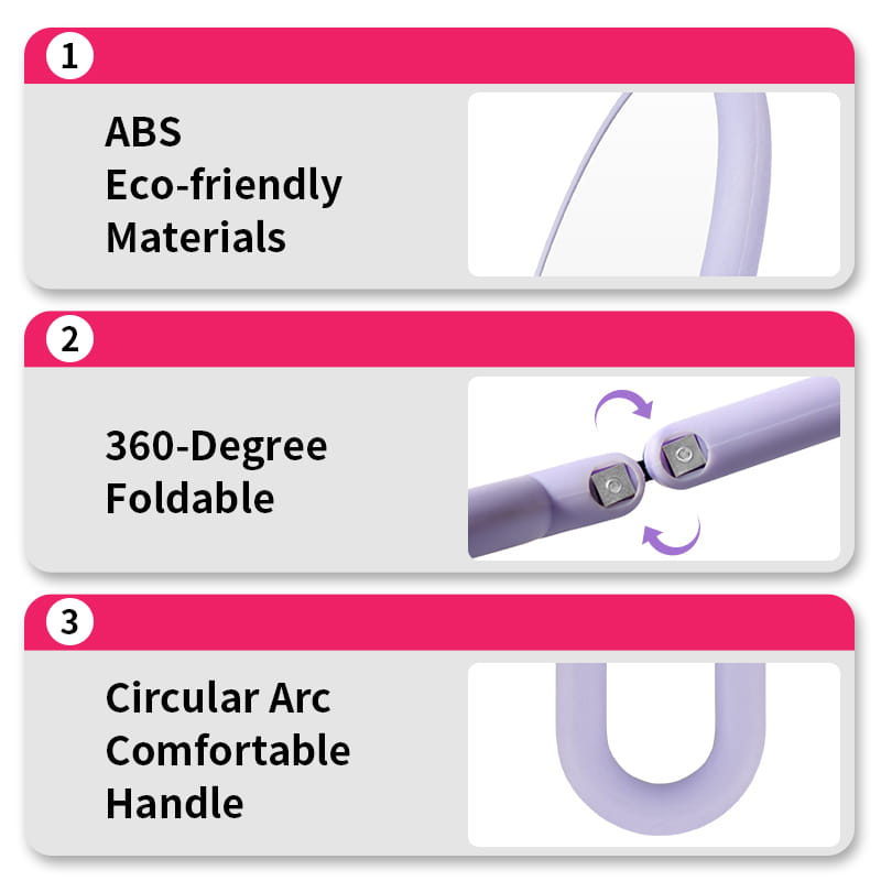 a handle mirror purple featuring a 10x magnifying foldable design with a lavender-colored 360-degree foldable hula hoop made from eco-friendly abs plastic and a circular arc handle