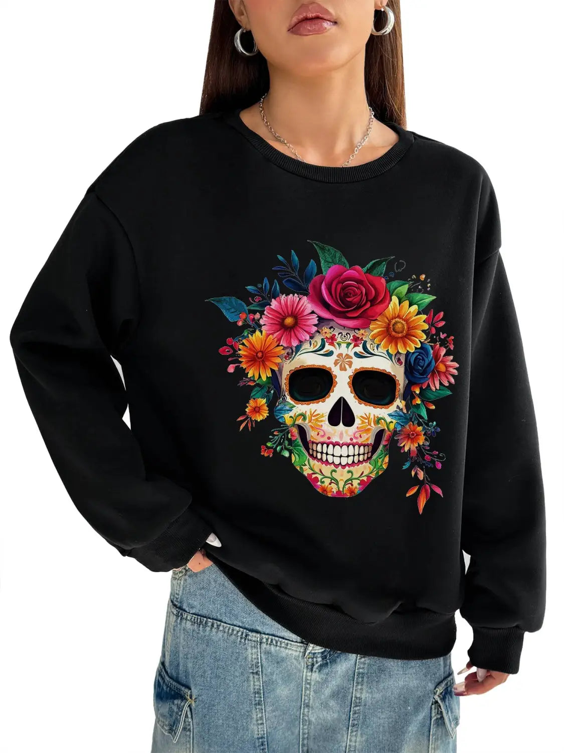 black long-sleeved basic crew neck sweatshirt featuring a vibrant colorful floral sugar skull design ideal for daily wear