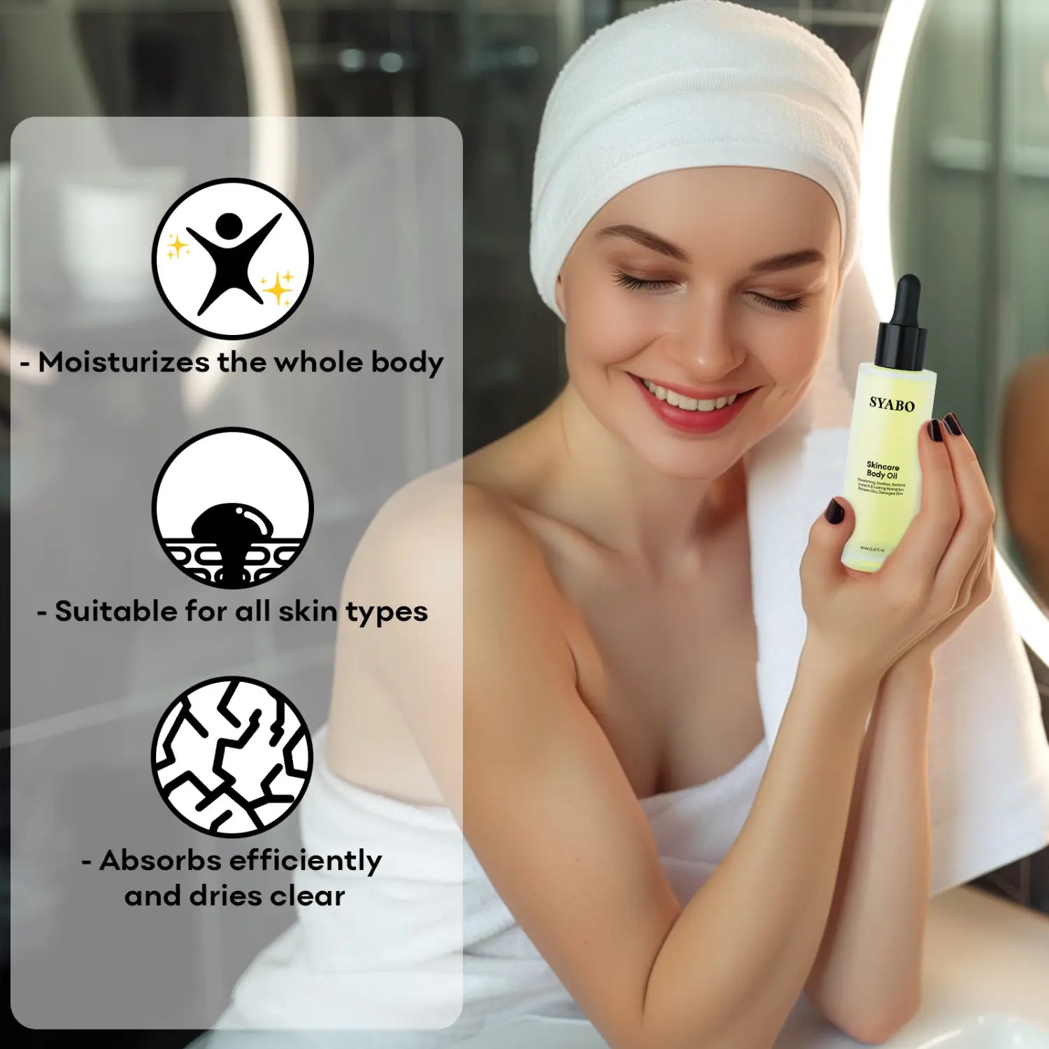 A pale yellow syabo skincare body care essential oil in a sleek transparent glass bottle with a black dropper cap for care essential oils use.