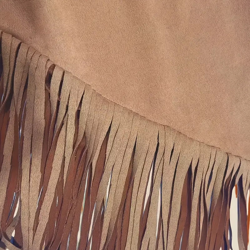 Women's Vintage Suede Fringe Hem Asymmetrical Boho Skirt