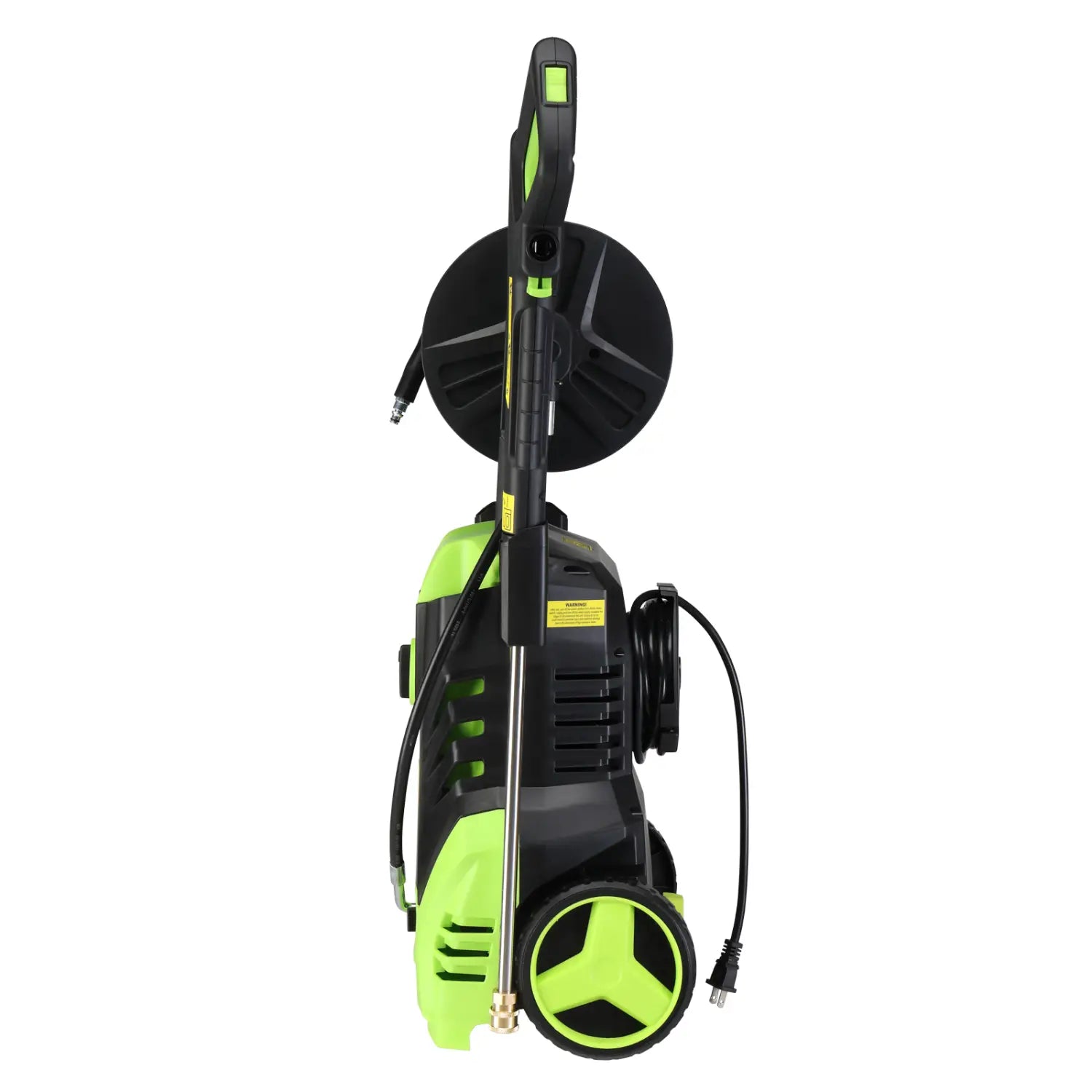 Green and black high pressure cleaner with wheeled base, handle-mounted hose reel, neon green coiled hose, and metal spray wand pressure cleaner.