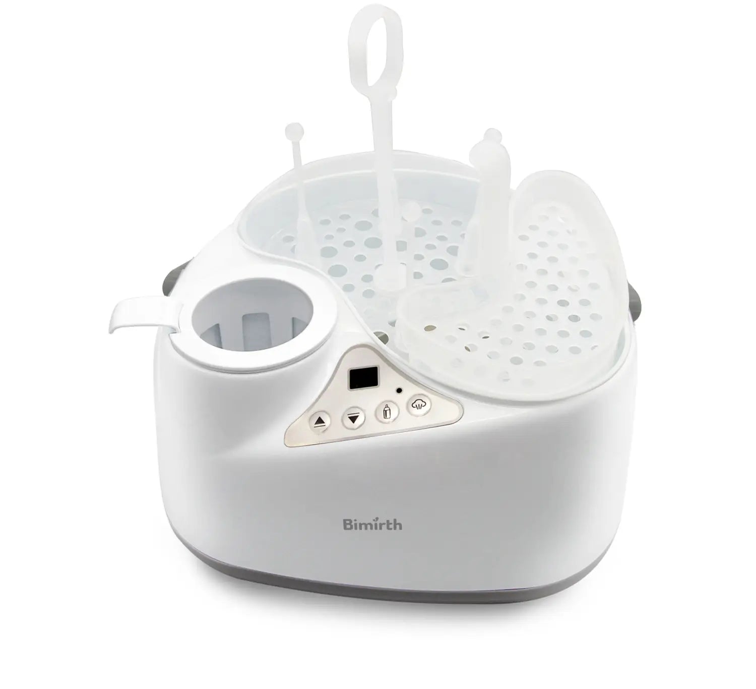 White digital baby bottle sterilizer with clear dome lid featuring a perforated top tray and control panel for efficient baby bottle sterilization.