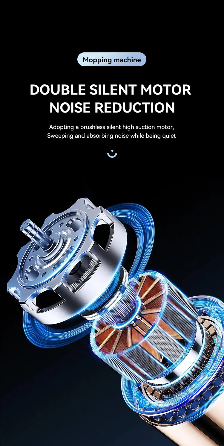 Silver metallic double silent motor with blue glowing accents designed for noise reduction in a smart home wet and dry humidifier mopping machine