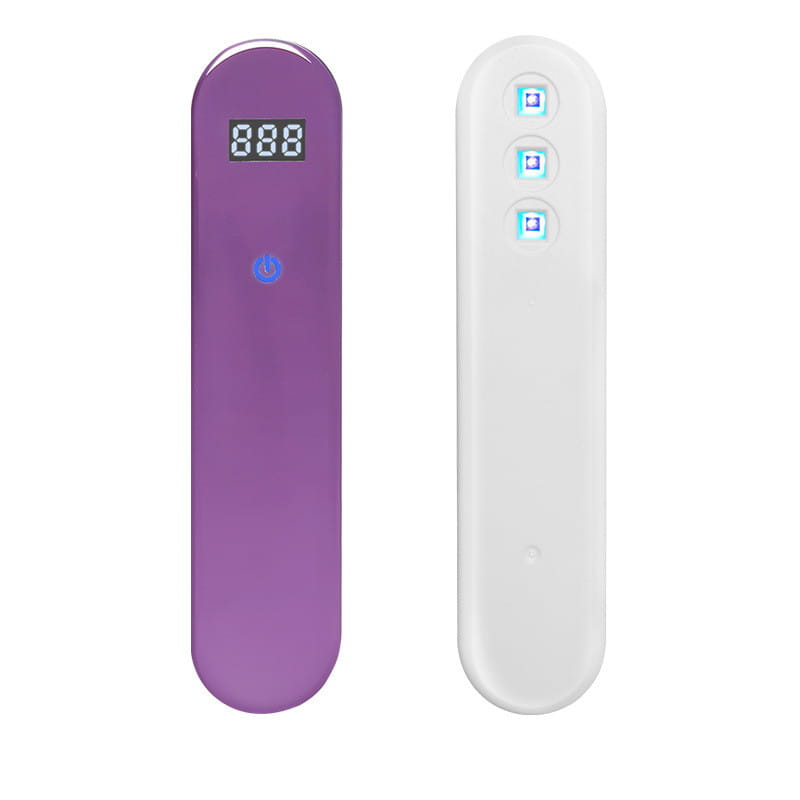 Electronic uv disinfection stick royale essence lux handheld nail dryers in purple and white with digital displays and illuminated buttons for effective disinfection.