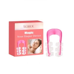 Pink plastic nose shaping device with white silicone inserts designed for correction nose contour and contour nose bridge enhancement.