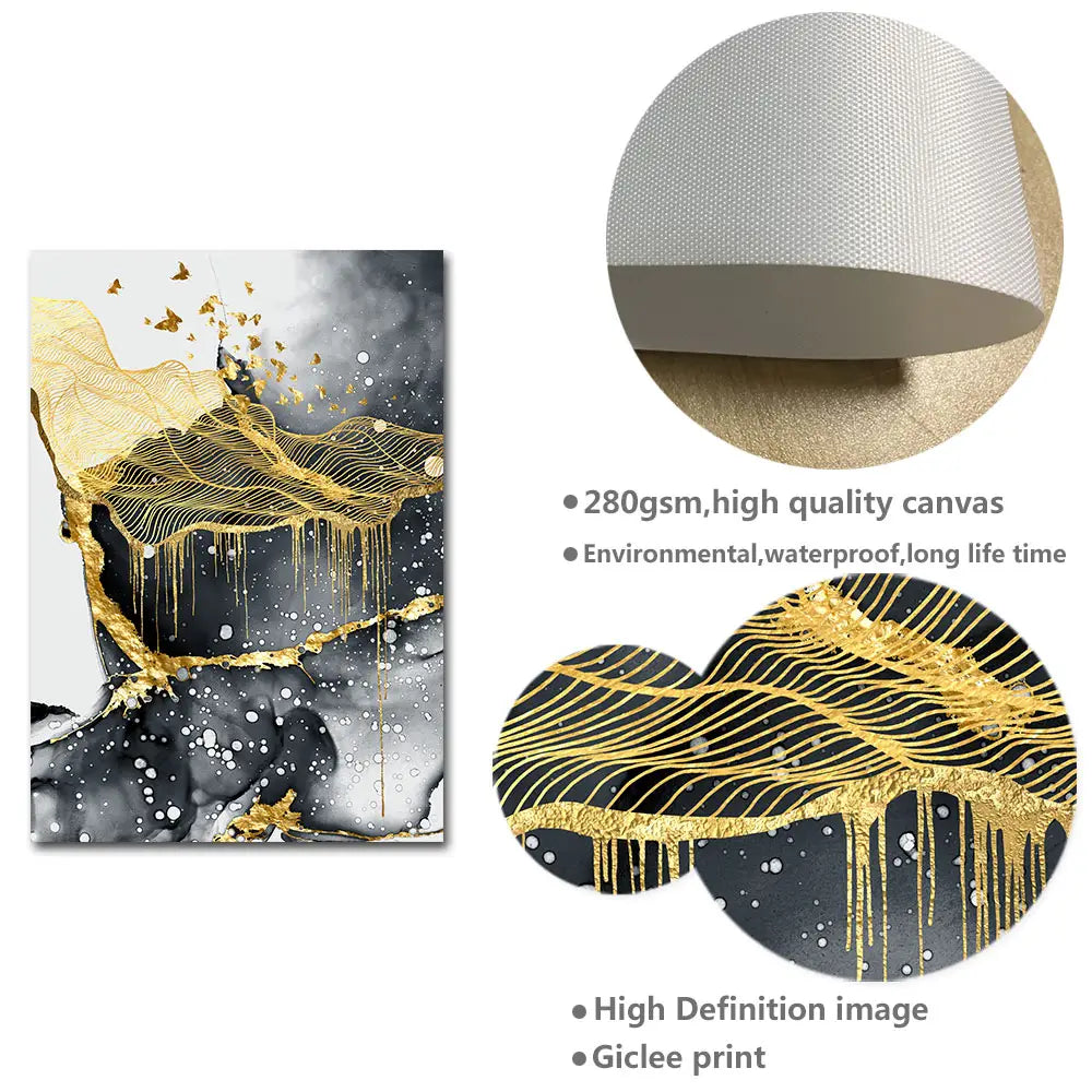 golden black abstract wall art posters featuring flowing golden lines and drips on textured 280gsm high-quality fabric ideal for stylish white wall art decor.