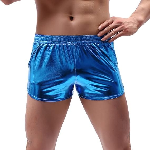 shiny blue metallic mens loose casual shorts with an elastic waistband designed for casual trendy wear