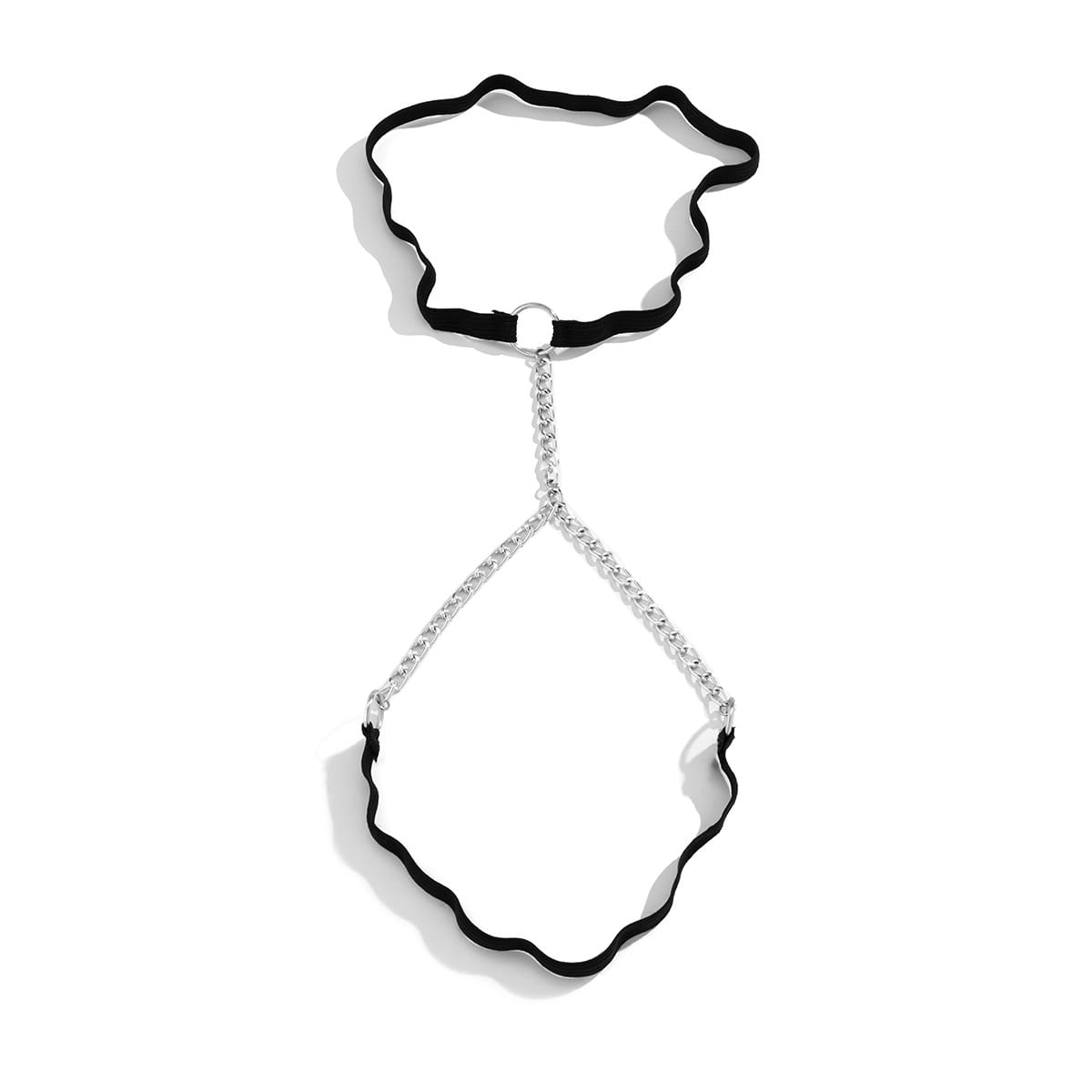 black velvet choker with silver chain and scalloped edges as part of a black elastic geometric body chain thigh garter featuring simple geometric body design.