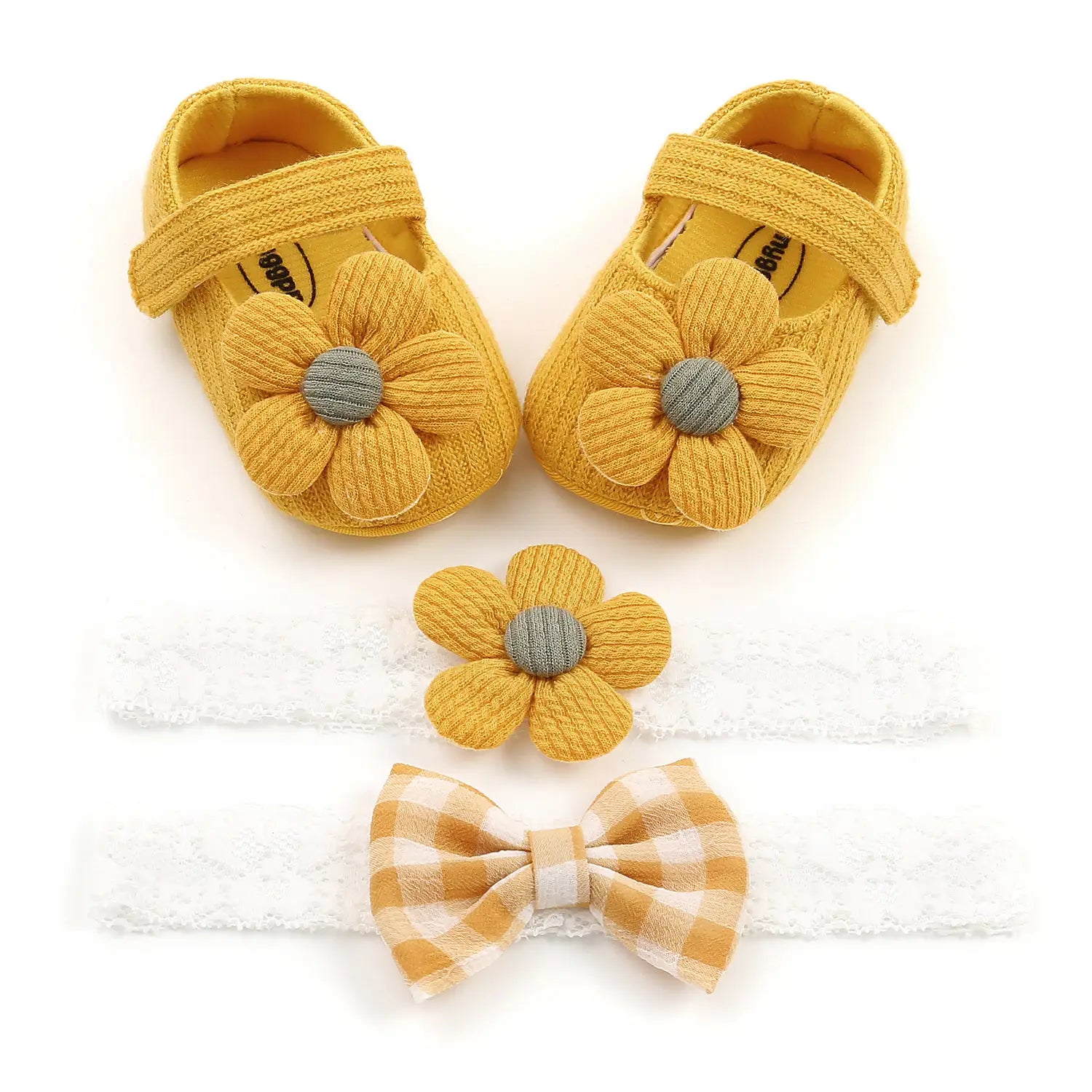 yellow knit flower embellished baby shoes with gray centers designed as white flower princess shoes for baby and toddler shoes