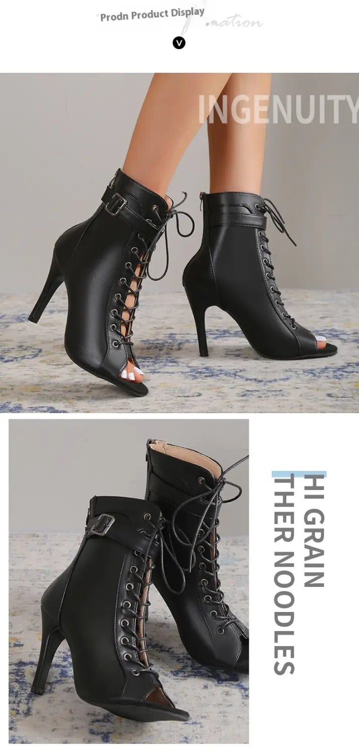 Black leather peep toe high heel pumps featuring lace-up ankle boots with a buckle detail on the side.