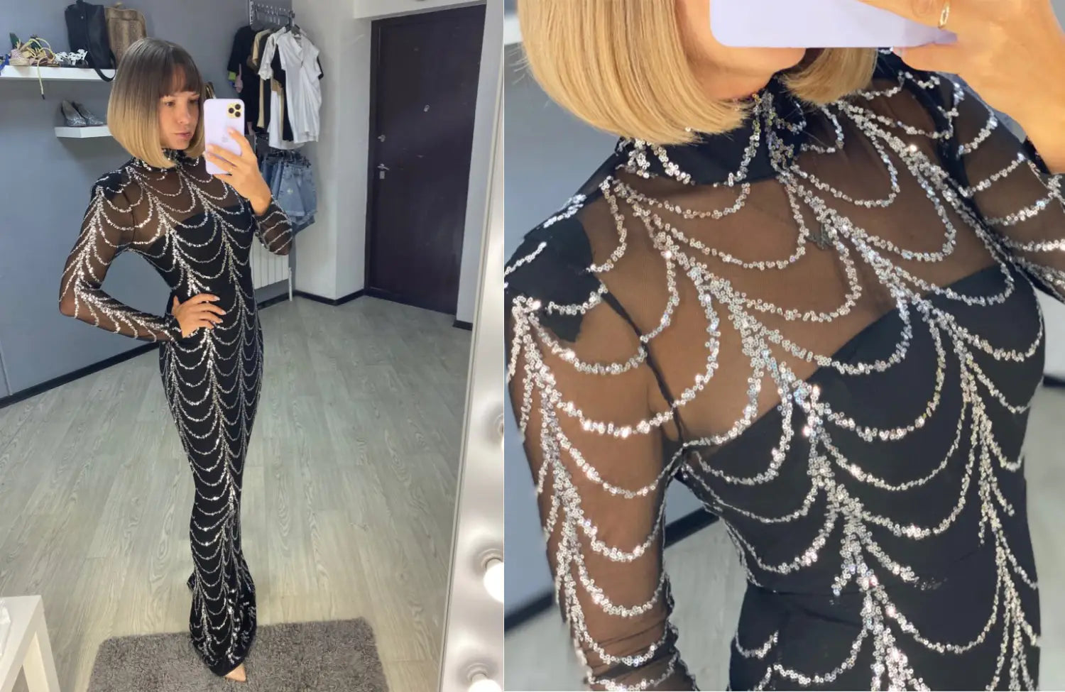 Black sheer long-sleeved women maxi dress featuring intricate silver beading in a spiderweb pattern with sequin embellishments for elegant maxi dresses long wear.