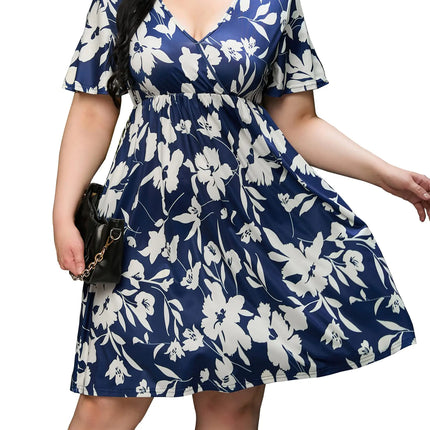 ShopWonder Plus Size Dress Womens V Neck A-Line Knee Length Wrap Swing Dresses Plus Size A Line Party Mini Dress Navy Blue Big Flower 3X-Large