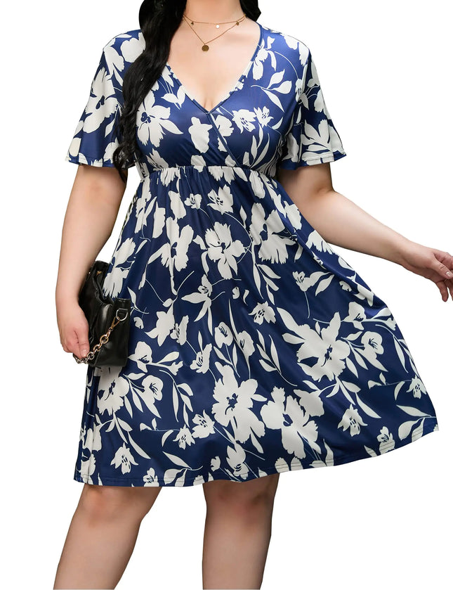 ShopWonder Plus Size Dress Womens V Neck A-Line Knee Length Wrap Swing Dresses Plus Size A Line Party Mini Dress Navy Blue Big Flower 3X-Large
